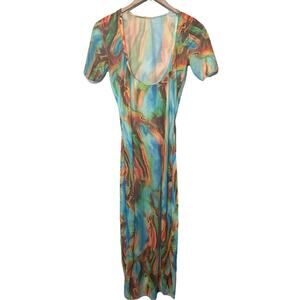 Unbranded Dress Maxi Colorful Abstract Scoop Neck Sheer Hippie Artsy Festival S